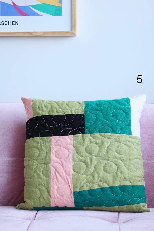 Big improv cushion of recycled fabrics | Turquoise, lime and pink