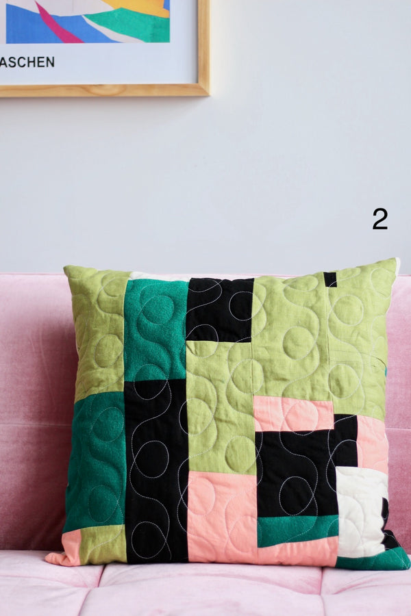 Big improv cushion of recycled fabrics | Turquoise, lime and pink