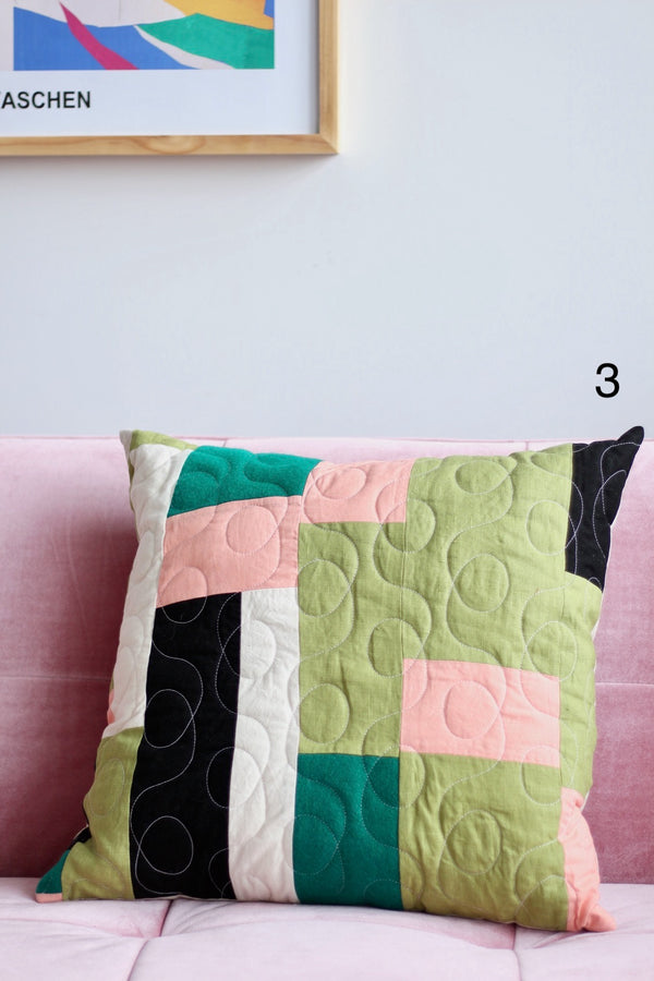 Big improv cushion of recycled fabrics | Turquoise, lime and pink